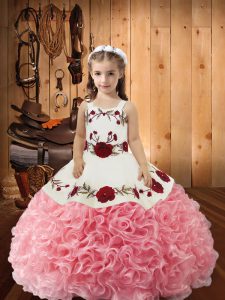 Attractive Fabric With Rolling Flowers Straps Sleeveless Lace Up Embroidery and Ruffles Pageant Gowns For Girls in Pink