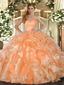 Orange Ball Gowns Sweetheart Sleeveless Organza Floor Length Lace Up Beading and Ruffles Quinceanera Gown