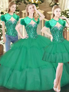 Turquoise Sweetheart Neckline Beading and Ruffled Layers Quinceanera Dress Sleeveless Lace Up