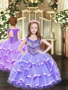 Beauteous Floor Length Lavender Kids Pageant Dress Scoop Sleeveless Lace Up