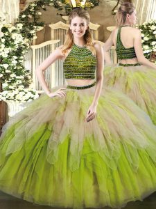 Vintage Multi-color Tulle Lace Up 15th Birthday Dress Sleeveless Floor Length Beading and Ruffles