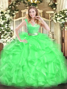 Fantastic Sleeveless Tulle Floor Length Zipper Quinceanera Dresses in Green with Beading and Ruffles