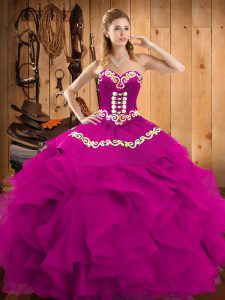 Comfortable Fuchsia Satin and Organza Lace Up Quinceanera Dresses Sleeveless Floor Length Embroidery and Ruffles