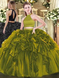 Custom Design Olive Green Sleeveless Floor Length Beading and Ruffles Backless 15th Birthday Dress