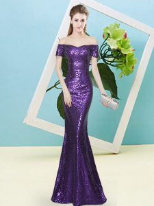 High Quality Purple Zipper Sequins Short Sleeves Floor Length