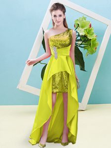 Flirting Elastic Woven Satin and Sequined One Shoulder Sleeveless Lace Up Beading and Sequins Prom Dress in Yellow