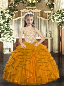 Modern Orange Ball Gowns Straps Sleeveless Tulle Floor Length Lace Up Beading and Ruffles Little Girls Pageant Gowns