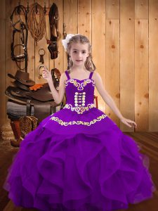 Elegant Eggplant Purple Straps Lace Up Embroidery and Ruffles Little Girls Pageant Dress Sleeveless