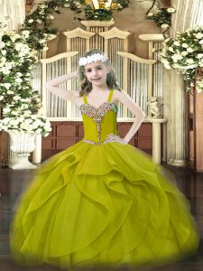 Ball Gowns Little Girls Pageant Gowns Olive Green One Shoulder Organza Sleeveless Floor Length Lace Up