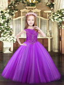 Luxurious Lavender Tulle Zipper Child Pageant Dress Sleeveless Floor Length Beading