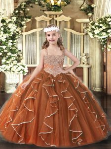 Beading and Ruffles Little Girls Pageant Gowns Brown Lace Up Sleeveless Floor Length