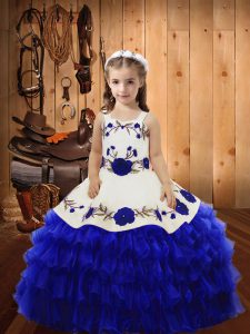 Perfect Sleeveless Floor Length Embroidery and Ruffled Layers Lace Up High School Pageant Dress with Royal Blue