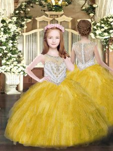 Gold Ball Gowns Tulle Scoop Sleeveless Beading and Ruffles Floor Length Zipper Little Girl Pageant Dress