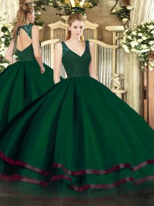 Exquisite Dark Green Sleeveless Floor Length Beading and Lace and Ruffled Layers Backless 15 Quinceanera Dress