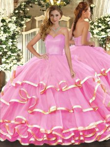 Rose Pink Sleeveless Organza Lace Up Sweet 16 Dress for Military Ball and Sweet 16 and Quinceanera
