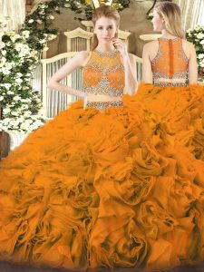 Elegant Sleeveless Fabric With Rolling Flowers Floor Length Zipper Quinceanera Dresses in Orange Red with Beading