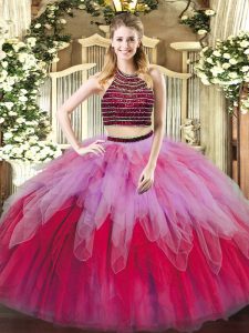 Comfortable Multi-color Lace Up Quinceanera Dress Beading and Ruffles Sleeveless Floor Length
