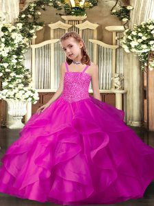 Floor Length Fuchsia Kids Pageant Dress Straps Sleeveless Lace Up