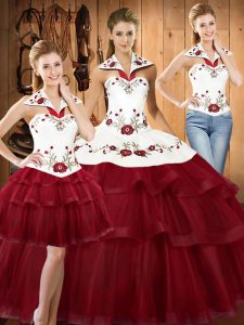 Glorious With Train Wine Red Quinceanera Gown Satin and Organza Sweep Train Sleeveless Embroidery and Ruffled Layers