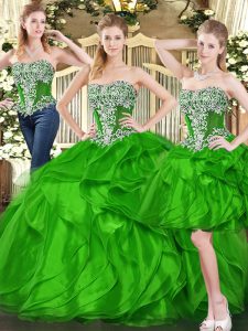 Flirting Green Three Pieces Sweetheart Sleeveless Organza Floor Length Lace Up Ruffles 15th Birthday Dress