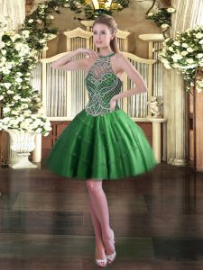 Green Lace Up Prom Dresses Beading Sleeveless Mini Length