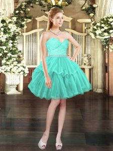 Aqua Blue A-line Tulle Sweetheart Sleeveless Beading and Lace Mini Length Lace Up Prom Gown