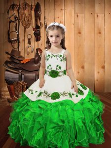 Green Straps Lace Up Embroidery and Ruffles Kids Formal Wear Sleeveless