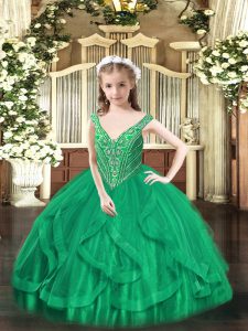 V-neck Sleeveless Pageant Dress for Teens Floor Length Beading and Ruffles Turquoise Tulle
