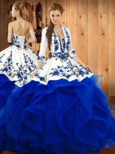 New Style Blue Satin and Organza Lace Up Sweetheart Sleeveless Floor Length Sweet 16 Quinceanera Dress Embroidery and Ru