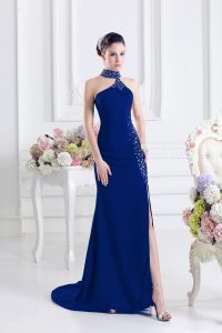 Artistic Halter Top Sleeveless Homecoming Dress Sweep Train Beading Royal Blue Elastic Woven Satin