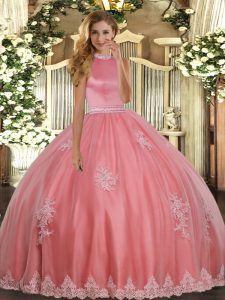Coral Red Sleeveless Tulle Backless Sweet 16 Quinceanera Dress for Military Ball and Sweet 16 and Quinceanera