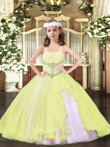 Light Yellow Tulle Lace Up High School Pageant Dress Sleeveless Floor Length Beading