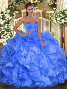 Floor Length Lace Up Quinceanera Dress Blue for Military Ball and Sweet 16 and Quinceanera with Beading and Ruffles