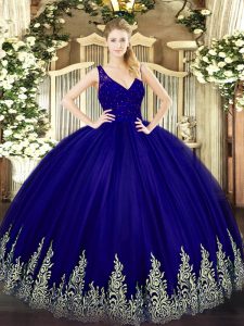 Floor Length Backless Sweet 16 Dress Purple for Military Ball and Sweet 16 and Quinceanera with Beading and Lace and App
