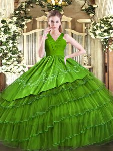 Stunning Sleeveless Satin and Organza Floor Length Zipper Quince Ball Gowns in Olive Green with Embroidery and Ruffled L