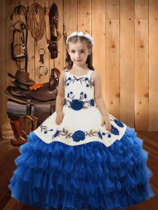 Blue Lace Up Straps Embroidery and Ruffles Kids Formal Wear Organza Sleeveless