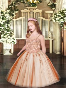 Affordable Rust Red Sleeveless Appliques Floor Length Kids Formal Wear