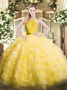 Amazing Yellow Scoop Zipper Ruffled Layers Ball Gown Prom Dress Sleeveless