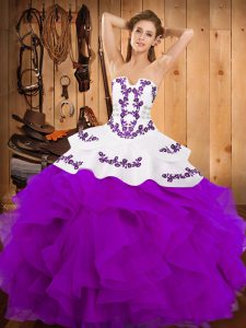 Simple Strapless Sleeveless Satin and Organza 15 Quinceanera Dress Embroidery and Ruffles Lace Up