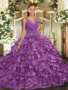 With Train Ball Gowns Sleeveless Lilac Quinceanera Gown Sweep Train Backless