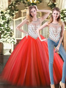 Romantic Coral Red Ball Gowns Scoop Sleeveless Tulle Floor Length Zipper Beading Vestidos de Quinceanera
