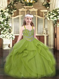 Sweet Sleeveless Tulle Floor Length Lace Up Pageant Dress for Teens in Olive Green with Beading and Ruffles