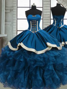 Blue Ball Gowns Sweetheart Sleeveless Organza Floor Length Lace Up Beading and Ruffles Sweet 16 Dresses