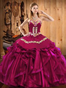 Low Price Sweetheart Sleeveless Quinceanera Gowns Floor Length Embroidery and Ruffles Fuchsia Satin and Organza