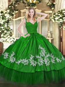 Custom Made Beading and Lace and Appliques Quinceanera Gowns Green Backless Sleeveless Floor Length