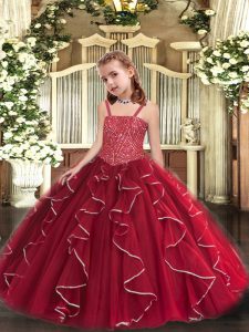 Red Straps Neckline Beading and Ruffles Little Girls Pageant Gowns Sleeveless Lace Up