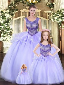 Ball Gowns Quinceanera Dress Lavender Scoop Tulle Sleeveless Floor Length Lace Up