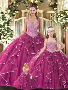 Classical Sleeveless Floor Length Beading and Ruffles Lace Up Quince Ball Gowns with Fuchsia
