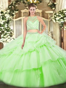 Popular Sleeveless Floor Length Ruffles Zipper Ball Gown Prom Dress with Apple Green