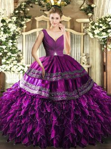 Sleeveless Floor Length Beading and Ruffles and Ruching Backless Quinceanera Gowns with Purple